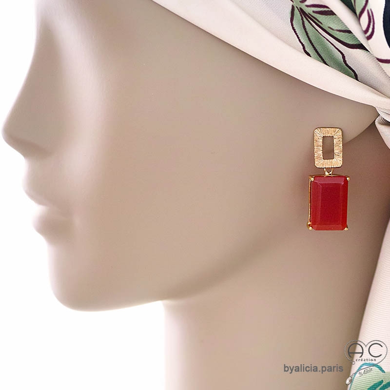 boucles d'oreilles créateur oranges femme en pierre cornaline et or pendantes uniques