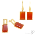 Boucles d\'oreilles en cornaline, pierre semi-précieuse, uniques, longues, argent massif doré à l\'or fin 18K