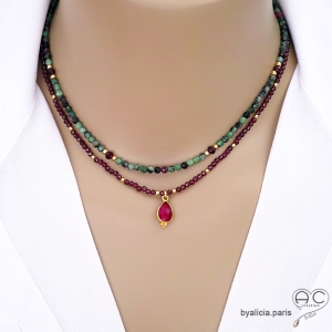 collier ras du cou femme en pierres naturelles verte et rouge délicat raffiné artisanal