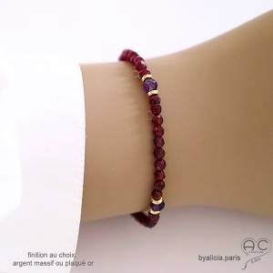 bracelet rouge bordeaux en pierre grenat et améthyste plaqué or ou argent massif, fait main sur mesure en France