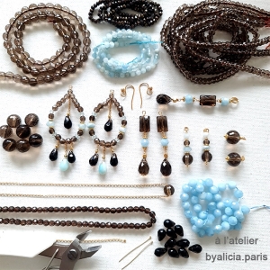 bijoux créateur en pierres quartz fumé et aigue-marine boucles d'oreilles fabriqué à la main à l'atelier en France