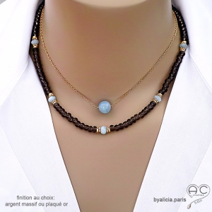 ras du cou marron en quartz fumé et aigue-marine, collier, choker, raffiné, artisanal