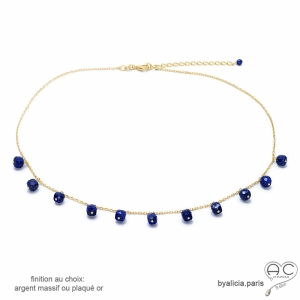 collier chaîne plaqué or ou argent ma&ssif avec pampilles en pierre lapis-lazuli fabriqué à la main