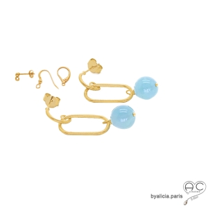 boucles d'oreilles bleues femme en pierre aigue marine et plaqué or