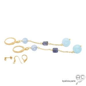 Boucles d'oreilles bleues longues pendantes, aigue marine, saphir d'eau, plaqué or pierre naturelle bleue