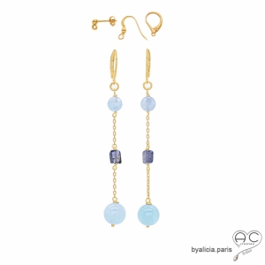 Boucles d'oreilles aigue marine, saphir d'eau, plaqué or 3MIC, pierre naturelle bleue, longues, pendantes, création by Alicia