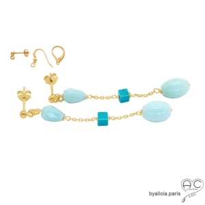 boucles d'oreilles longues femme en plaqué or et pierre amazonite