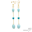Boucles d\'oreilles amazonite et turquoise véritable en plaqué or 3MIC, pierre naturelle, longues, pendantes, création by Alicia
