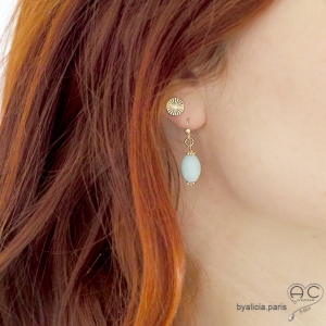 boucles d'oreilles vert bleu femme en amazonite pierre naturelle fait à la main en France