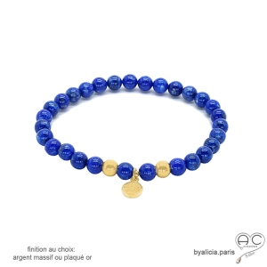 bracelet femme ou homme en lapis-lazuli et plaqué or, élastique