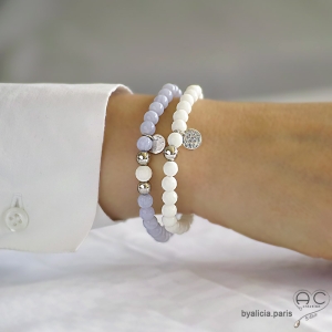 bracelet femme ou homme en pierres naturelles bleues et blanches et argent sur élastique