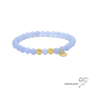 bracelet pour femme ou homme en  calcédoine bleu et plaqué or pierre semi-précieuse sur élastique