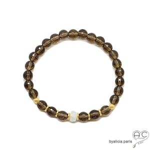 bracelet marron homme femme en pierre quartz fumé et plaqué or sur élastique fait main sur mesure en France