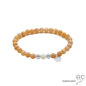 pierre naturelle couleur abricot bracelet homme ou femme argent et pierre de soleil fait main en France