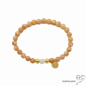 pierre de soleil bracelet homme ou femme plaqué or et pierre naturelle couleur abricot fait sur mesure