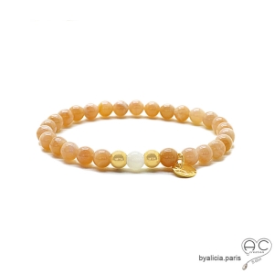 bracelet unisex en pierre de soleil et plaqué or sur élastique fait main sur mesure en France