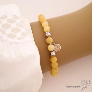 bracelet jaune unisex en pierre jade miel et argent sur un élastique fait sur mesure à la main