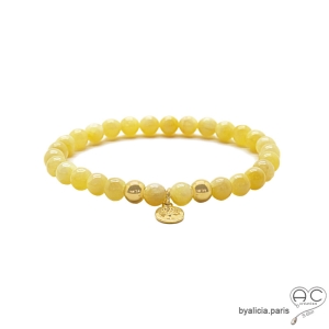 bracelet jaune unisex en jade miel et plaqué or sur élastique fait main sur mesure en France