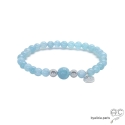 Bracelet aigue marine, médaille martelé, argent massif, pierre semi-précieuse bleu, création by Alicia