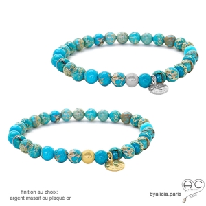 bracelet bleu turquoise unisex en jaspe impérial  plaqué or ou argent sur élastique fait main