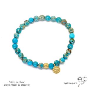 bracelet en pierre naturelle jaspe bleu et argent ou plaqué or homme ou femme fait main