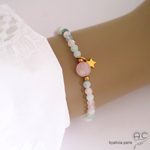 bracelet femme en pierre naturelle béryl couleur pastel et plaqué or sur élastique fait main sur mesure