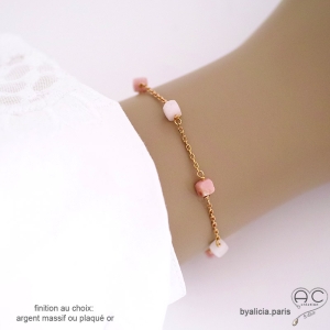 bracelet rose femme en pierre opale rose et chaîne plaqué or ou argent délicat raffiné fait main