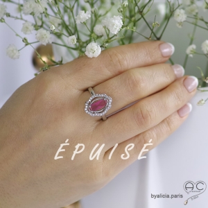 Bague pierre rose fushia, argent massif rhodié zirconium brillant, femme