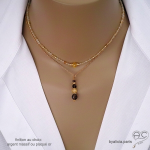 bijou créateur collier ras du cou pendentif en pierre semi-précieuse quartz fumé et citrine fait main sur mesure en France