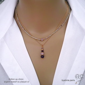 bijou créateur collier ras du cou pendentif violet en pierre semi-précieuse améthyste fait sur mesure à la main en France