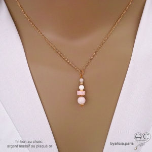 pierre naturelle opale rose chaîne plaqué or ou argent collier pendentif rose femme fait main sur mesure en France