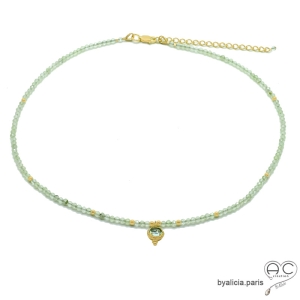 collier vert claire femme en pierre semi-précieuse préhnite et plaqué or avec un pendentif vert