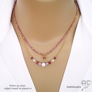 collier créateur en pierres naturelles roses ras de cou plaqué or et tourmaline rose fait sur mesure en France