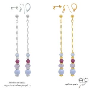 Boucles d'oreilles longues en calcédoine bleue, améthyste et tourmaline rose sur une chaîne fine, fait main, création by Alicia