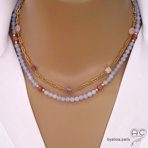 ras du cou bleu claire femme en calcédoine bleue et tourmaline rose, collier, choker, raffiné, artisanal