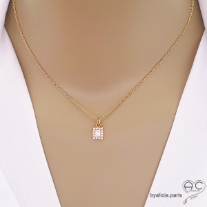 Collier rectangle serti zirconium brillant, en plaqué or 3MIC, ras du cou, femme