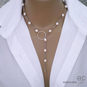 perles de culture blanches et argent massif collier sautoir cravate femme fait sur mesure à la main en France