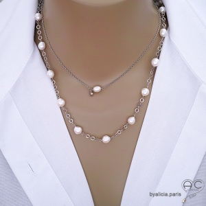 perles de culture d'eau douce et argent collier ras de cou fait main sur mesure en France