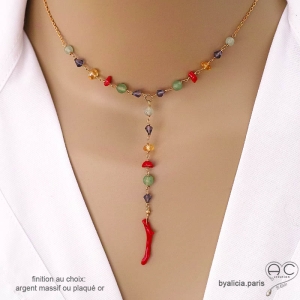 collier cravate multi-couleur en corail et pierres semi-précieuses fait main en France