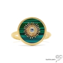 Bague ronde en émail façon malachite avec soleil serti d\'un brillant zirconium, plaqué or, femme