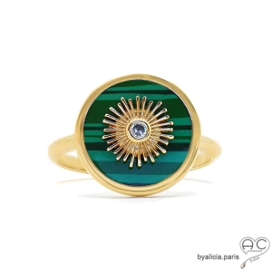 Bague verte ronde en émail façon malachite avec soleil serti d'un brillant zirconium, plaqué or, femme