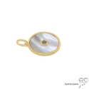 Pendentif médaille en nacre et brillant sertie clos, ronde, plaqué or 3MIC, tendance, bohème