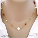 Collier, sautoir, nacre, perle d\'eau douce, racine de corail, chaîne fine, fait main, création by Alicia