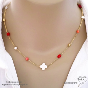 Collier, sautoir, nacre, perle d'eau douce, racine de corail, chaîne fine, fait main, création by Alicia