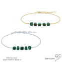 Bracelet avec malachite en cube sur une chaîne plaqué or ou argent massif rhodié, pierre naturelle verte, création by Alicia