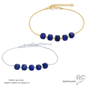 Bracelet avec lapis-lazuli en cube sur une chaîne plaqué or ou argent massif rhodié, pierre naturelle, création by Alicia