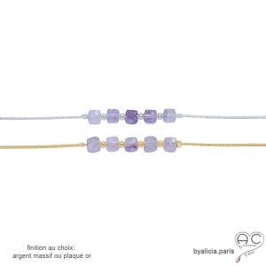 bracelet fin en améthyste lavande sur chaîne fine en argen ou plaqué or fait à la main en France