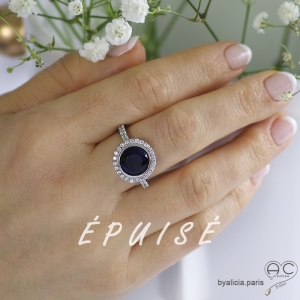 Bague pierre bleu, argent massif rhodié et zirconium rond bleue saphir, femme