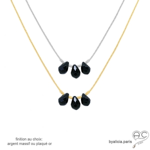 Collier onyx noire, pierre naturelle, trois gouttes sur une chaîne fine, fait main, création by Alicia