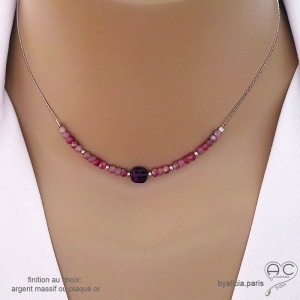 ras de cou en argent ou plaqué or avec pierres améthyste et rubis collier fait sur mesure